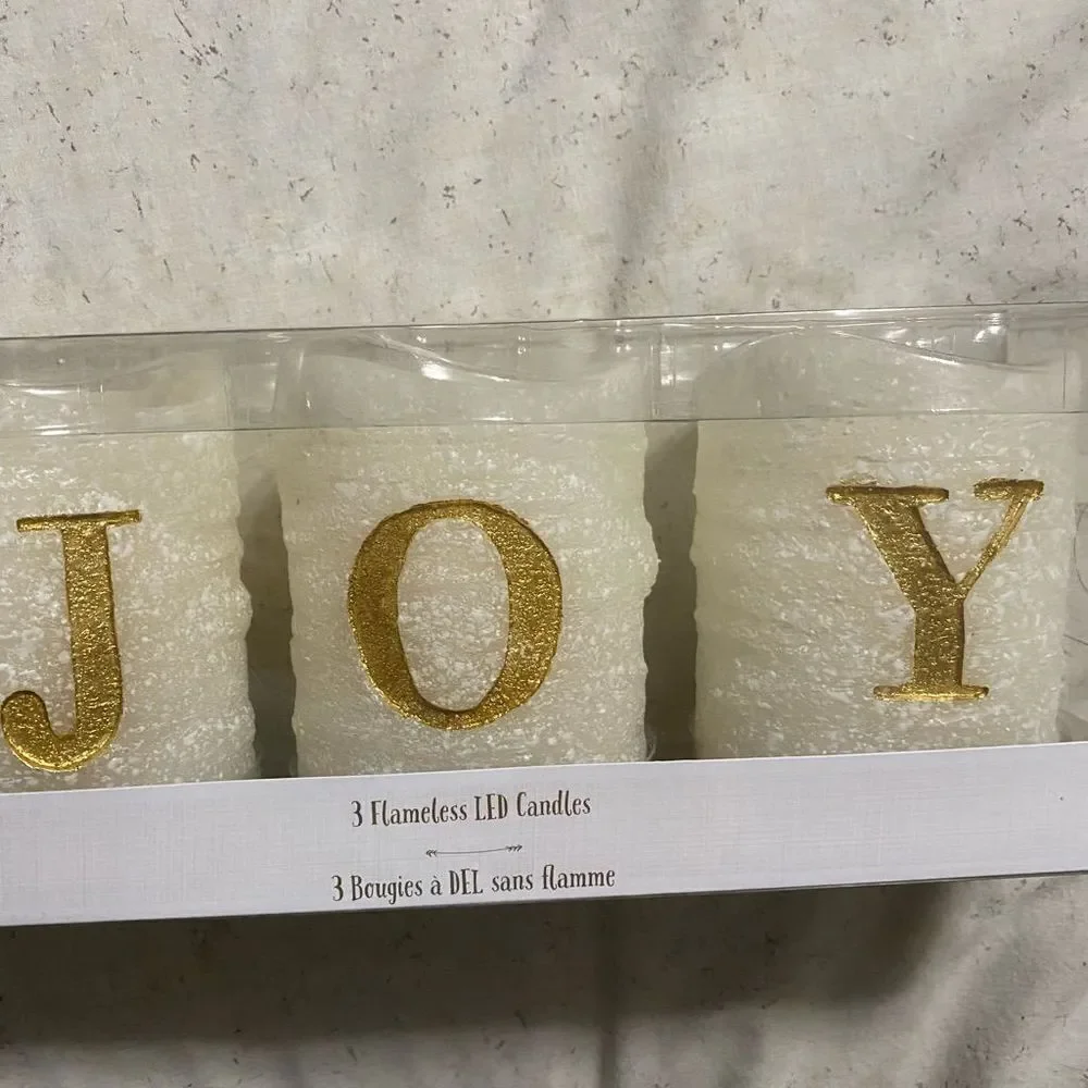 Pier 1, (3) fameless LED candies that spell JOY in gold-made of paraffin wax